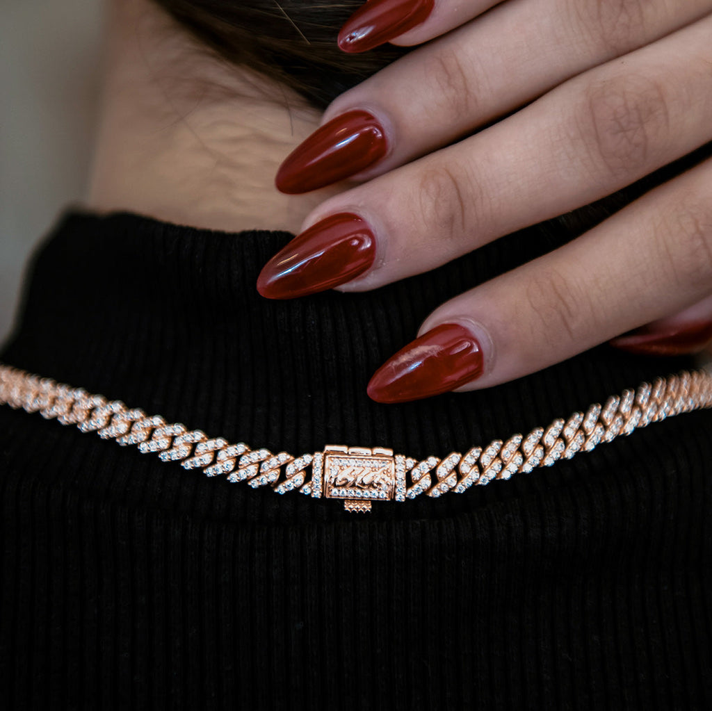 GLD PROMO - WOMEN Micro Diamond Prong Cuban Necklace in Rose Gold - 6mm