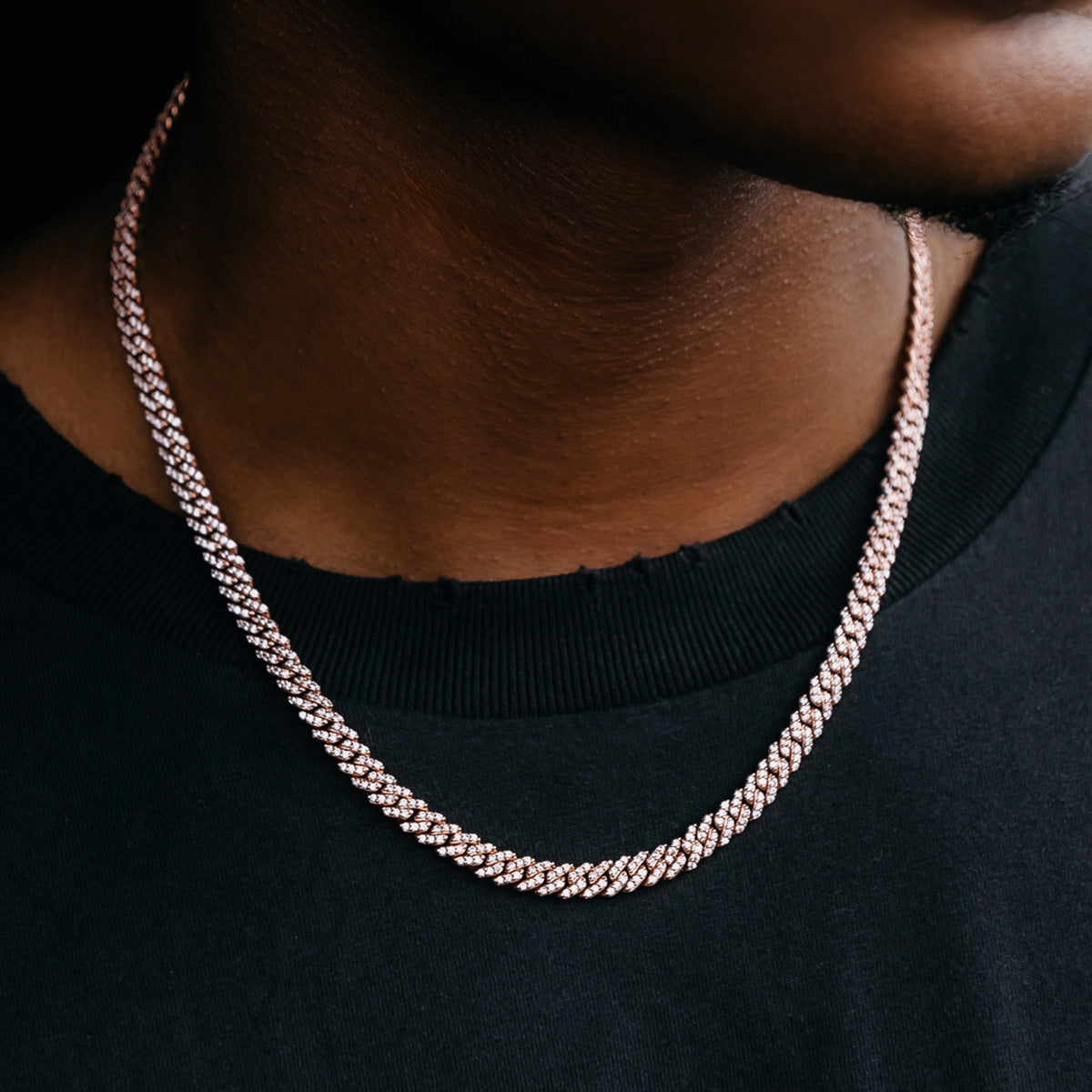 GLD Men Micro Diamond Prong Cuban Chain in Rose Gold - 6mm