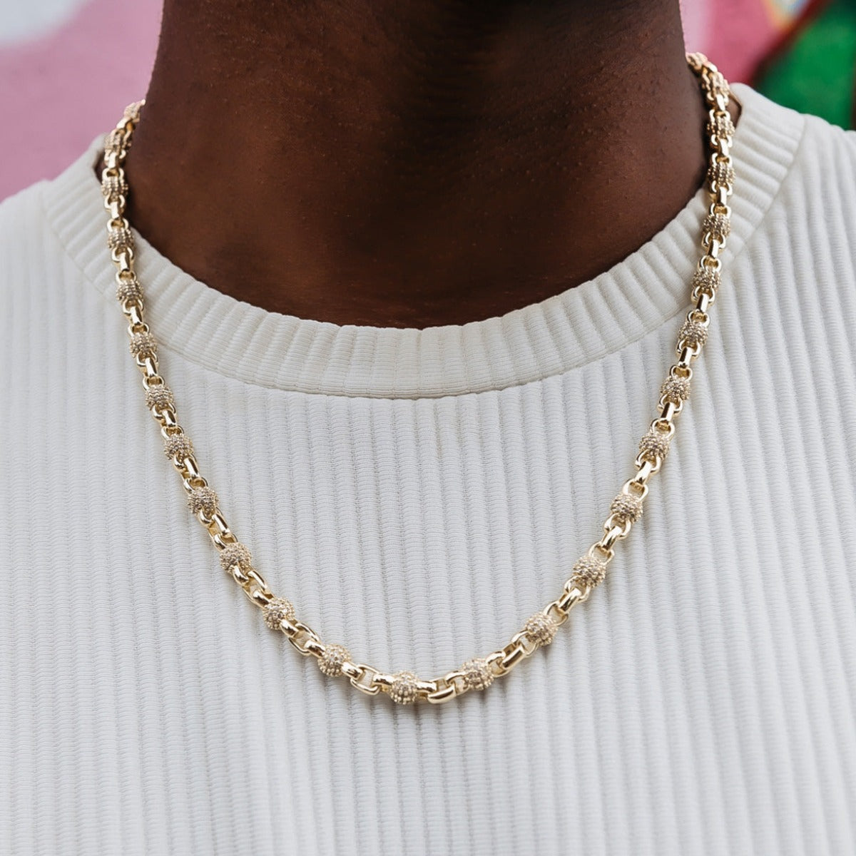 GLD Men Iced Ball Box Link Chain in Yellow Gold