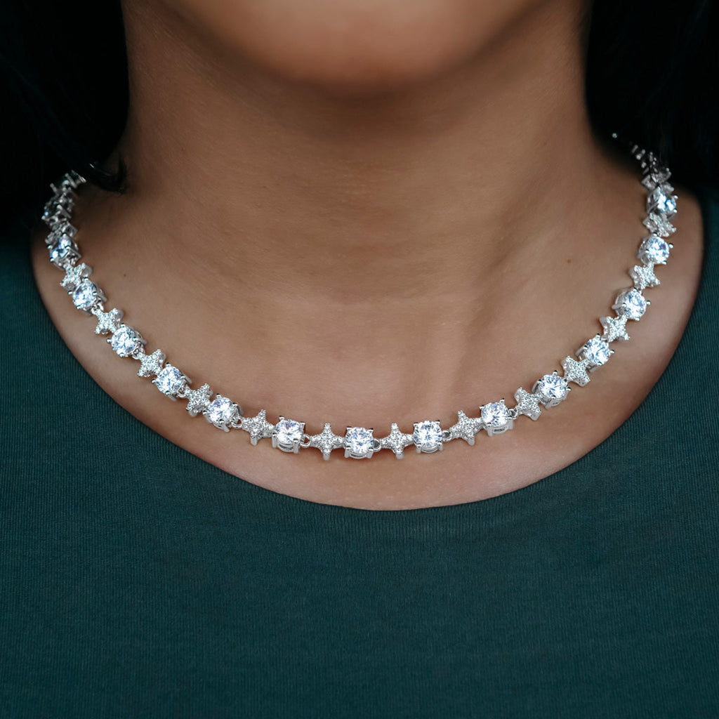 GLD Women Round Stone Star Tennis Necklace in White Gold - 8mm