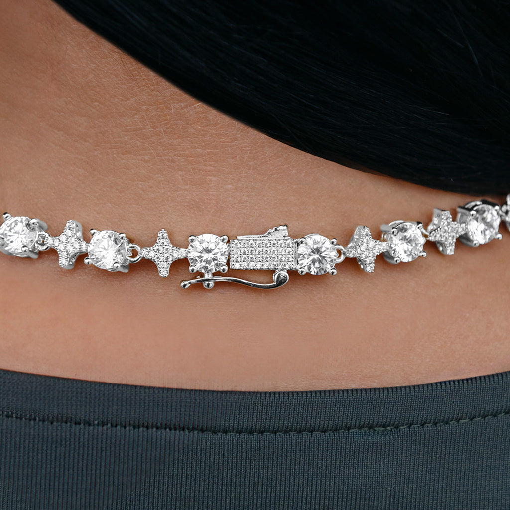 GLD Women Round Stone Star Tennis Necklace in White Gold - 8mm