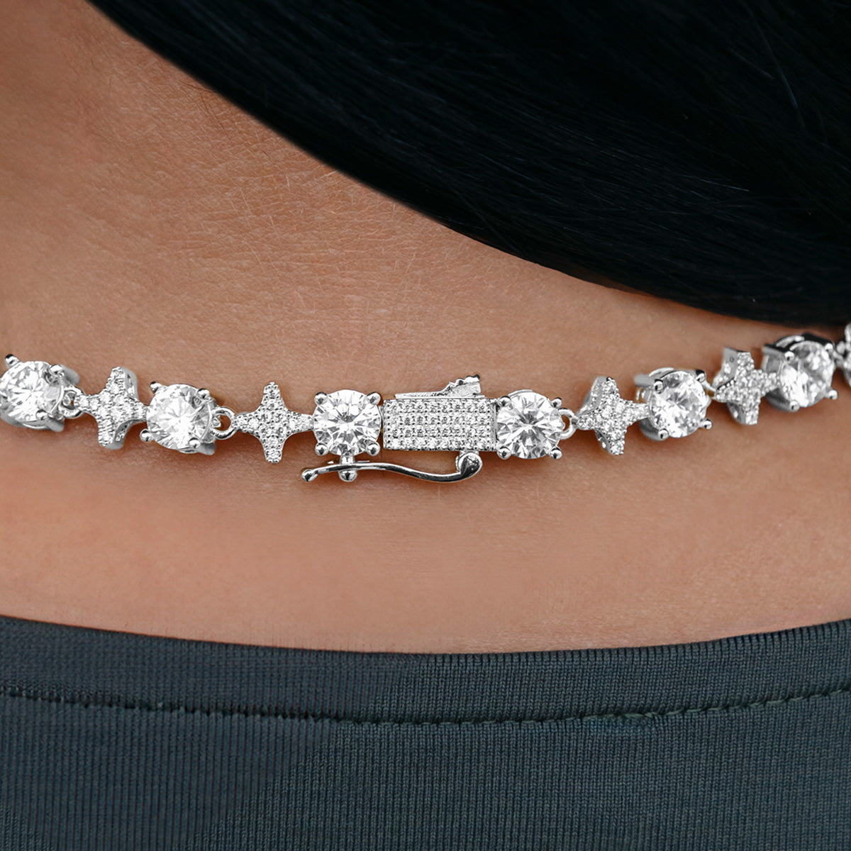 GLD Women Round Stone Star Tennis Necklace in White Gold - 8mm