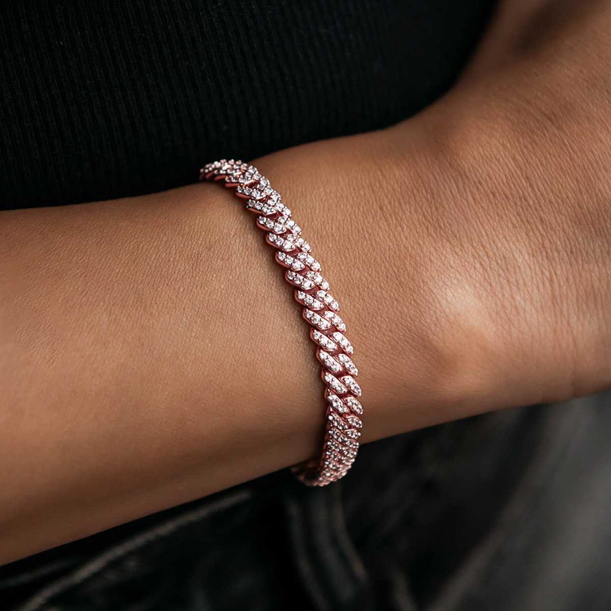 GLD PROMO - WOMEN Micro Diamond Prong Cuban Bracelet in Rose Gold - 6mm