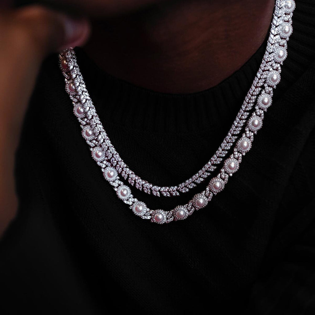 GLD Men 10mm Iced Halo Cuban Chain with Pearls in White Gold