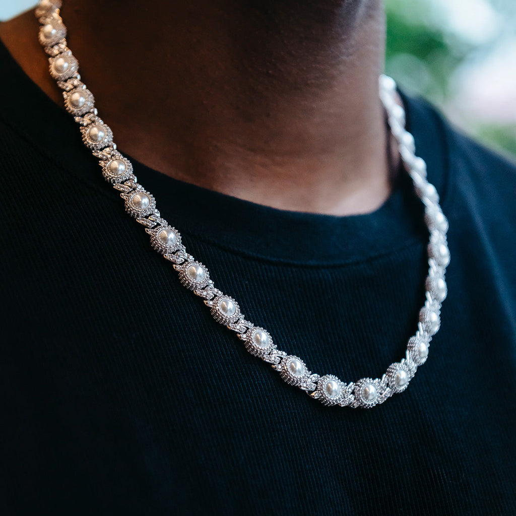 GLD Men 10mm Iced Halo Cuban Chain with Pearls in White Gold