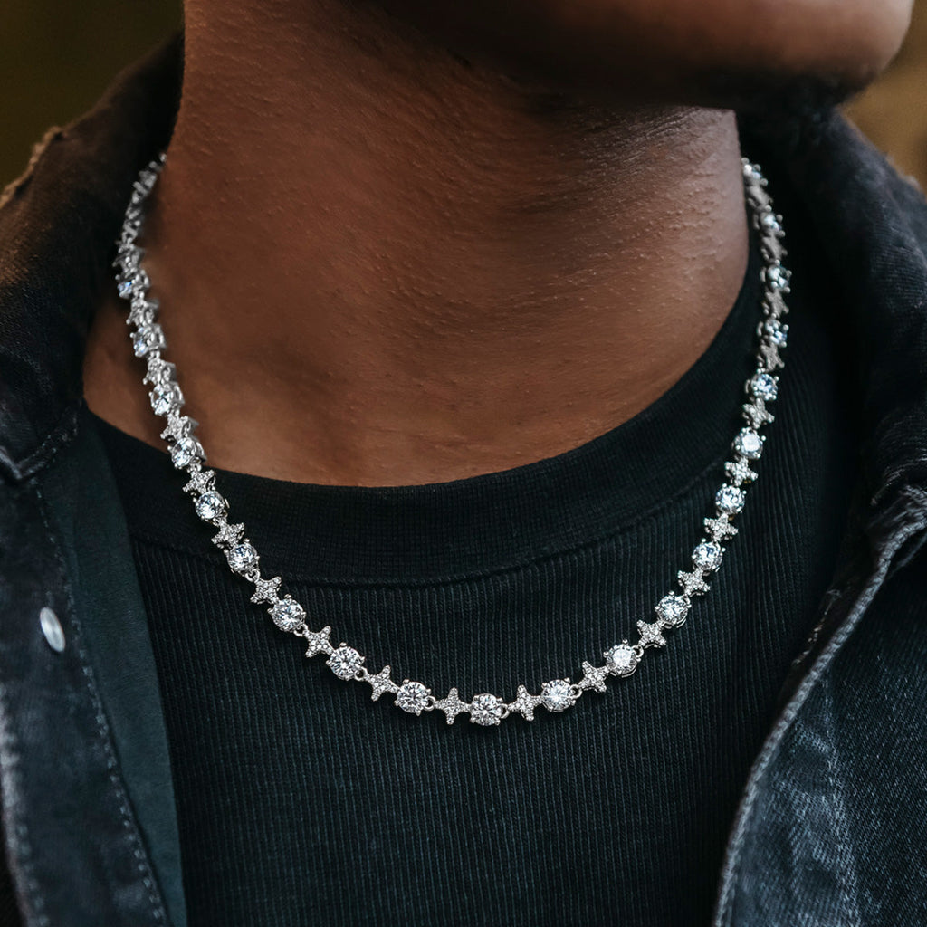 GLD Men Round Stone Star Tennis Chain in White Gold - 8mm