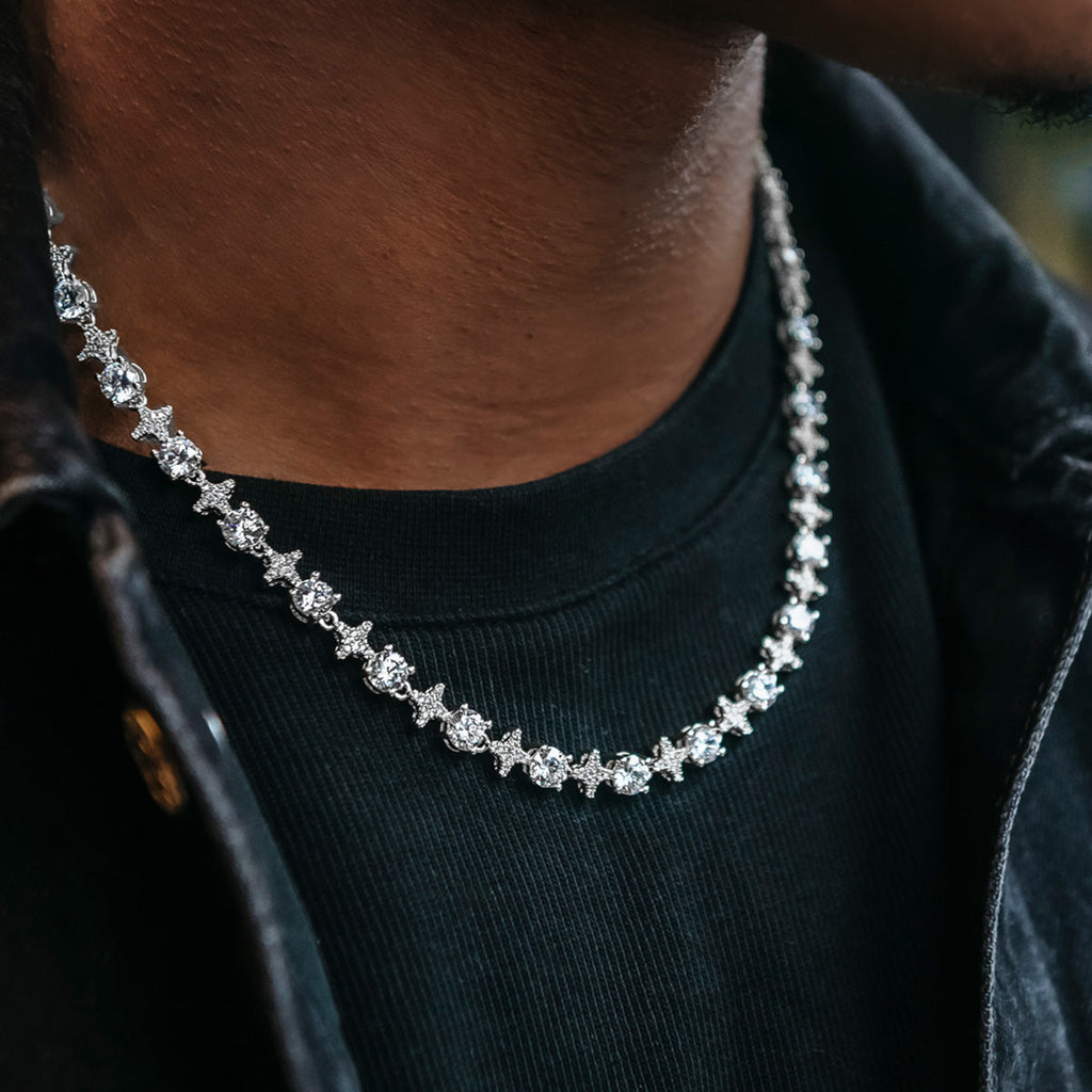 GLD Men Round Stone Star Tennis Chain in White Gold - 8mm