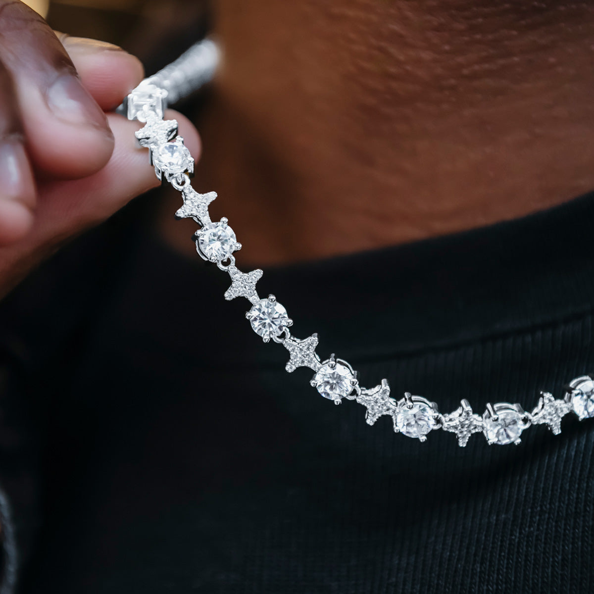 GLD Men Round Stone Star Tennis Chain in White Gold - 8mm