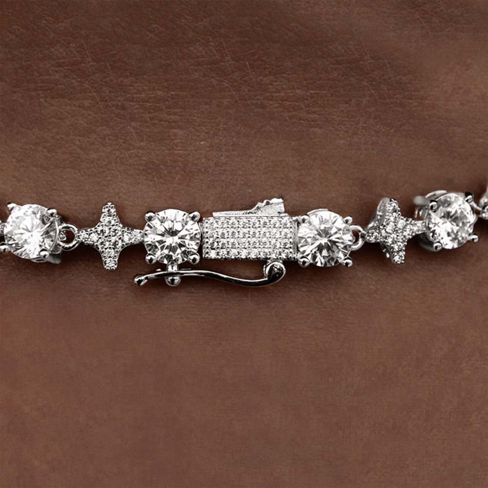 GLD Men Round Stone Star Tennis Chain in White Gold - 8mm