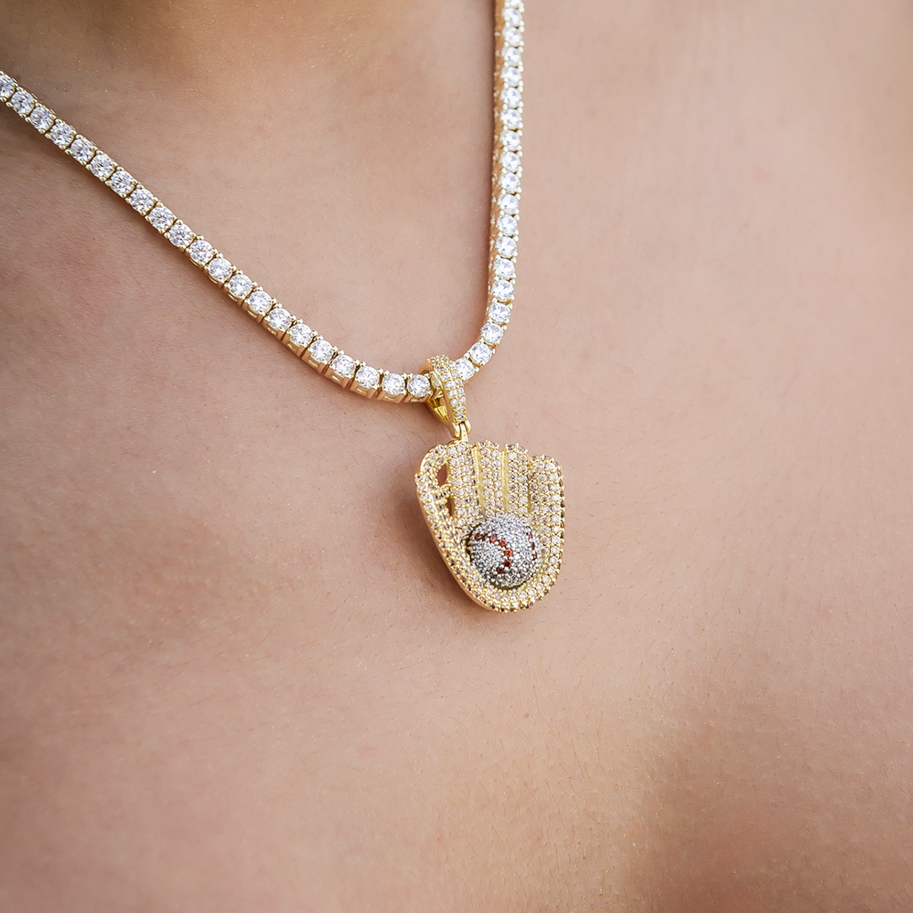 GLD PROMO - WOMEN Iced Baseball Pendant in Yellow Gold