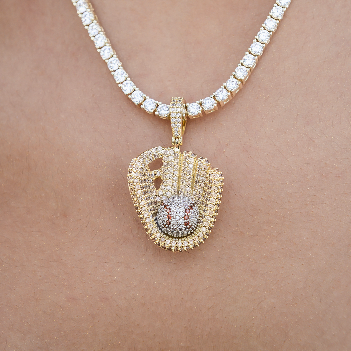 GLD PROMO - WOMEN Iced Baseball Pendant in Yellow Gold