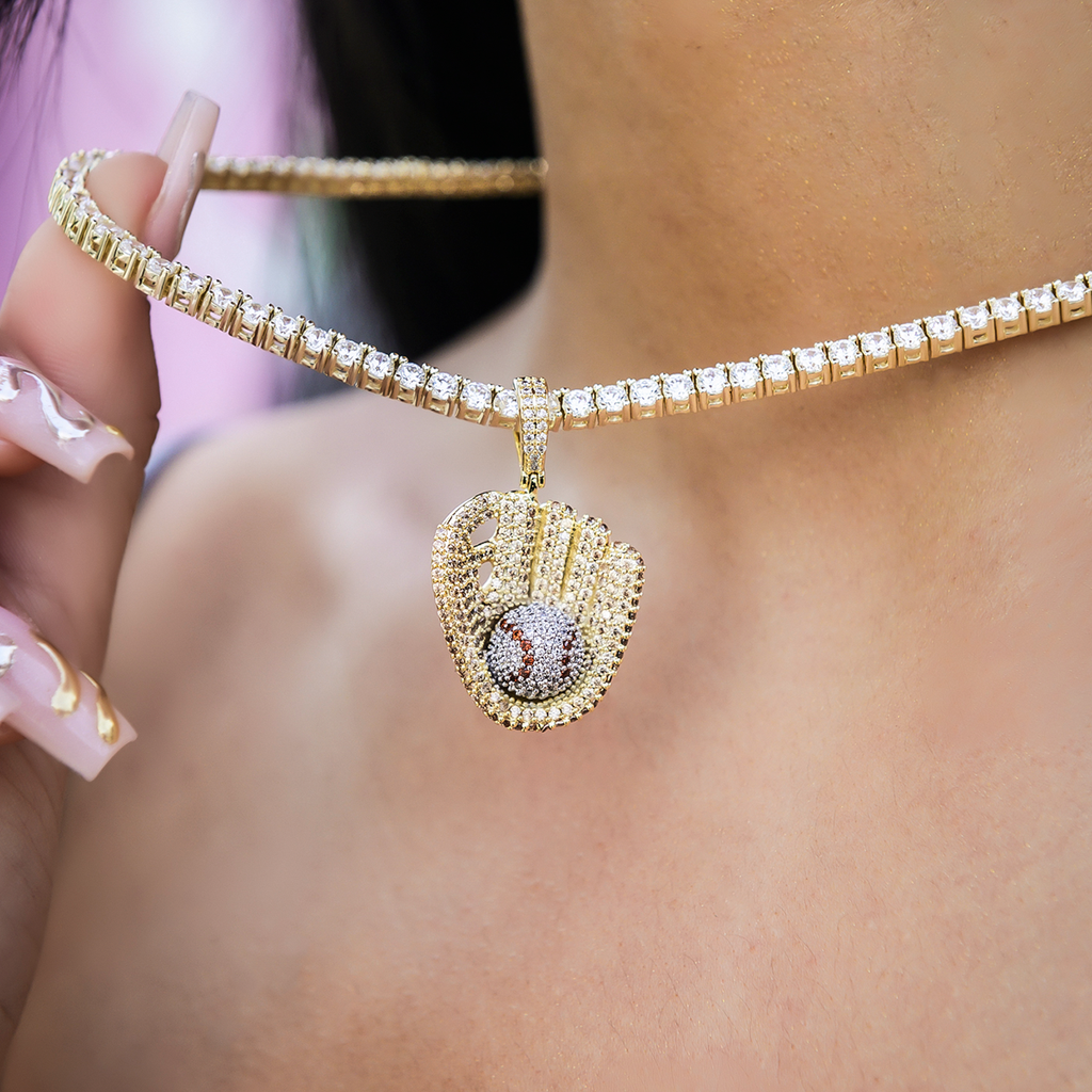 GLD PROMO - WOMEN Iced Baseball Pendant in Yellow Gold