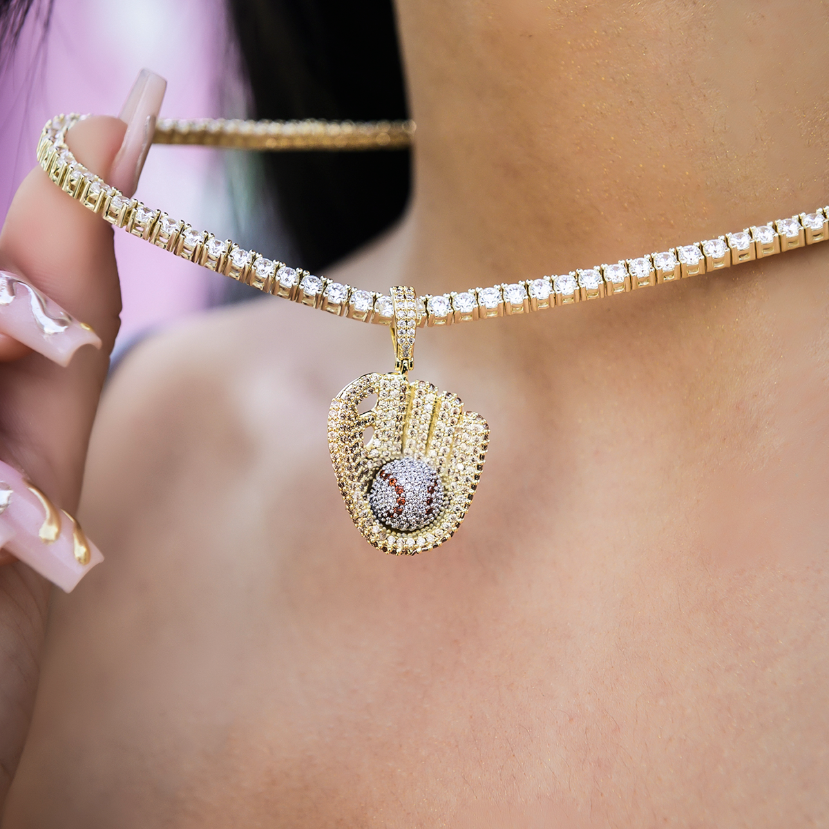 GLD PROMO - WOMEN Iced Baseball Pendant in Yellow Gold