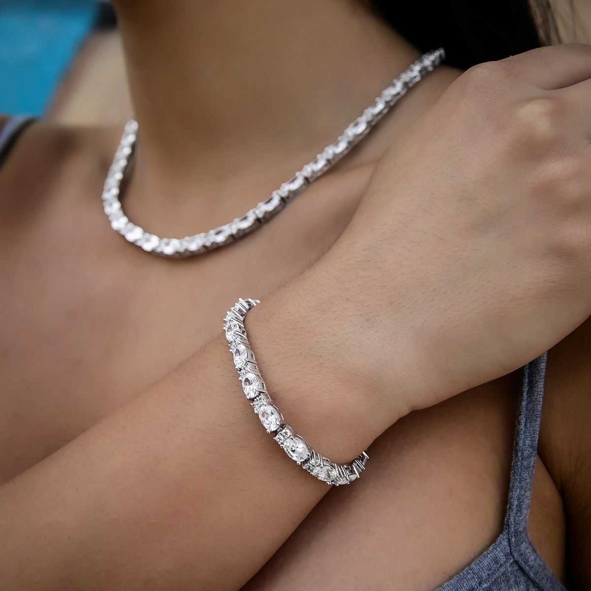 GLD Women Diamond Mixed Oval Cut Tennis Necklace + Bracelet Bundle - 5mm