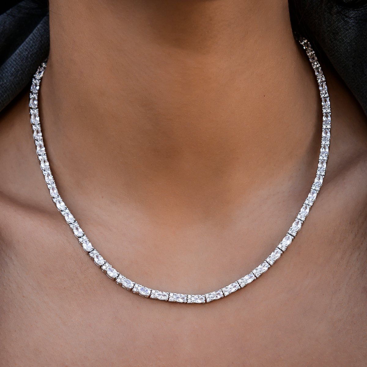 GLD Women Diamond Mixed Oval Cut Tennis Necklace in White Gold- 3mm