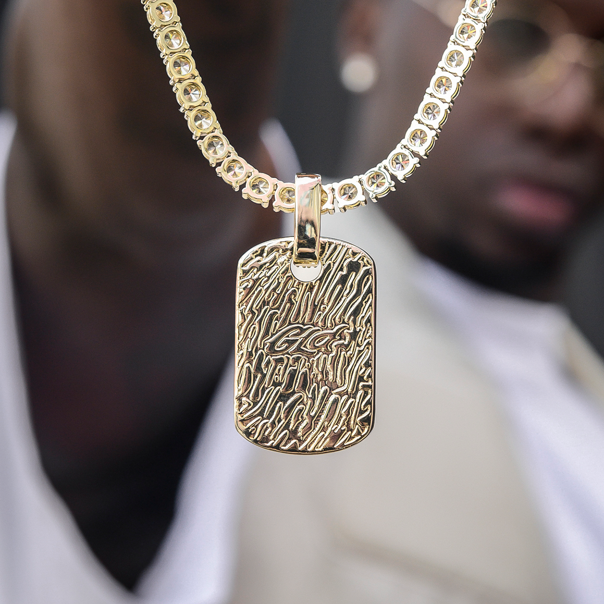 GLD Men Baguette Dog Tag Pendant in Yellow Gold