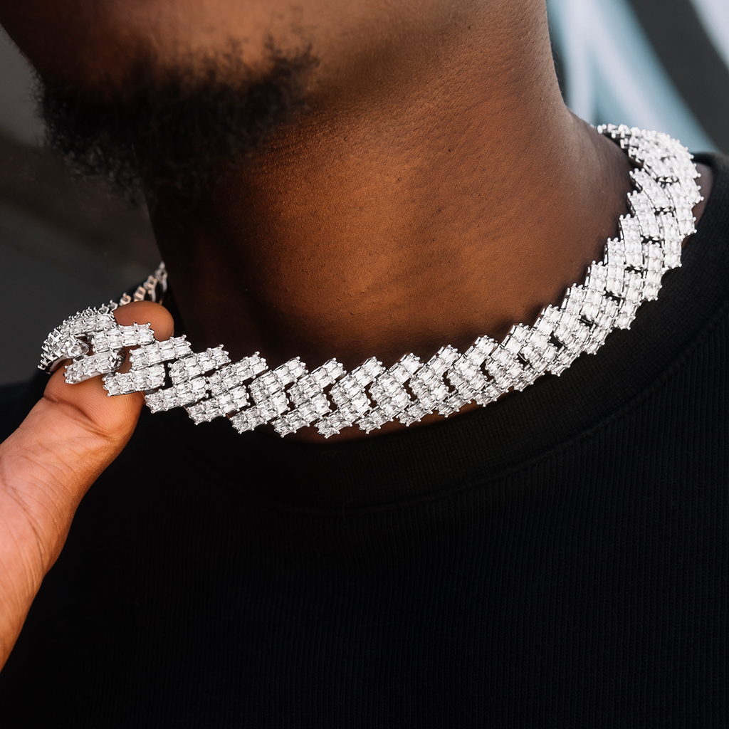 GLD Men Baguette Prong Set Cuban Chain in White Gold- 19mm