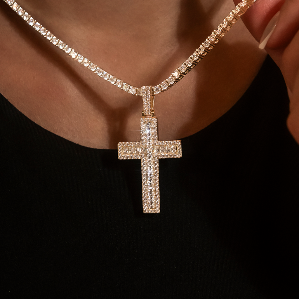 GLD Women Diamond Baguette Cross Pendant in Yellow Gold