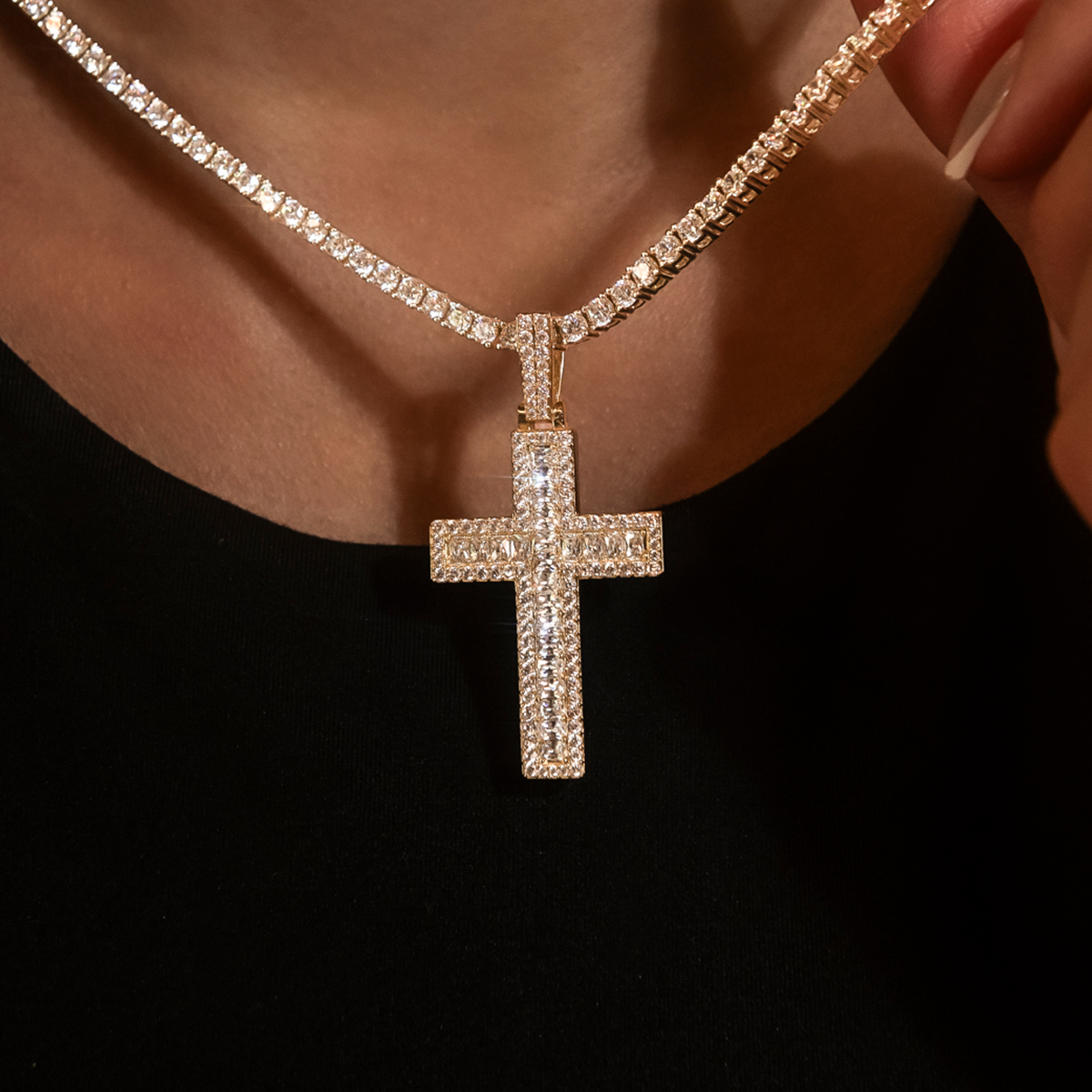 GLD Women Diamond Baguette Cross Pendant in Yellow Gold