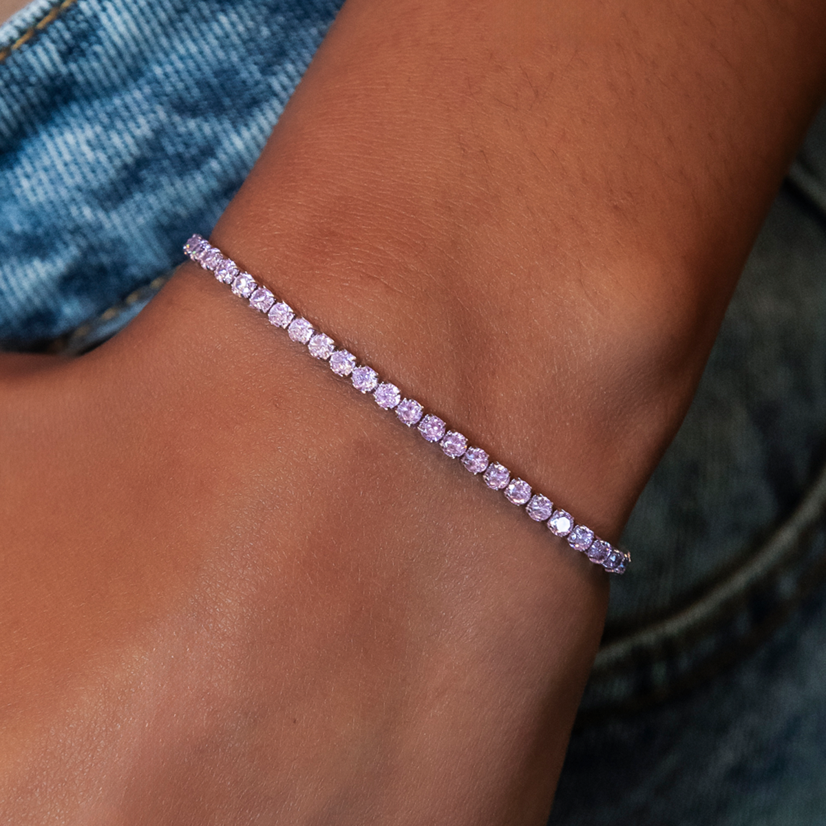 GLD PROMO - WOMEN Pink Diamond Micro Tennis Bracelet in White Gold