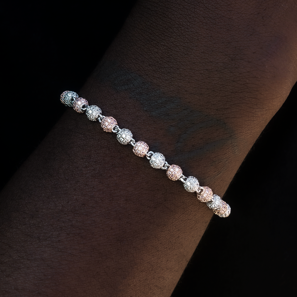 GLD Men Iced Ball Bracelet in Rose/White Gold- 4mm