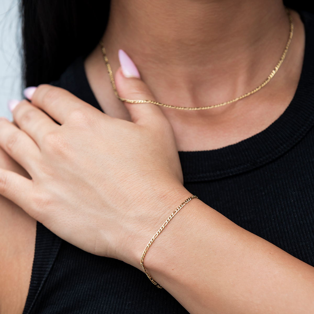 GLD Women Figaro Necklace + Bracelet Bundle in Yellow Gold- 2mm