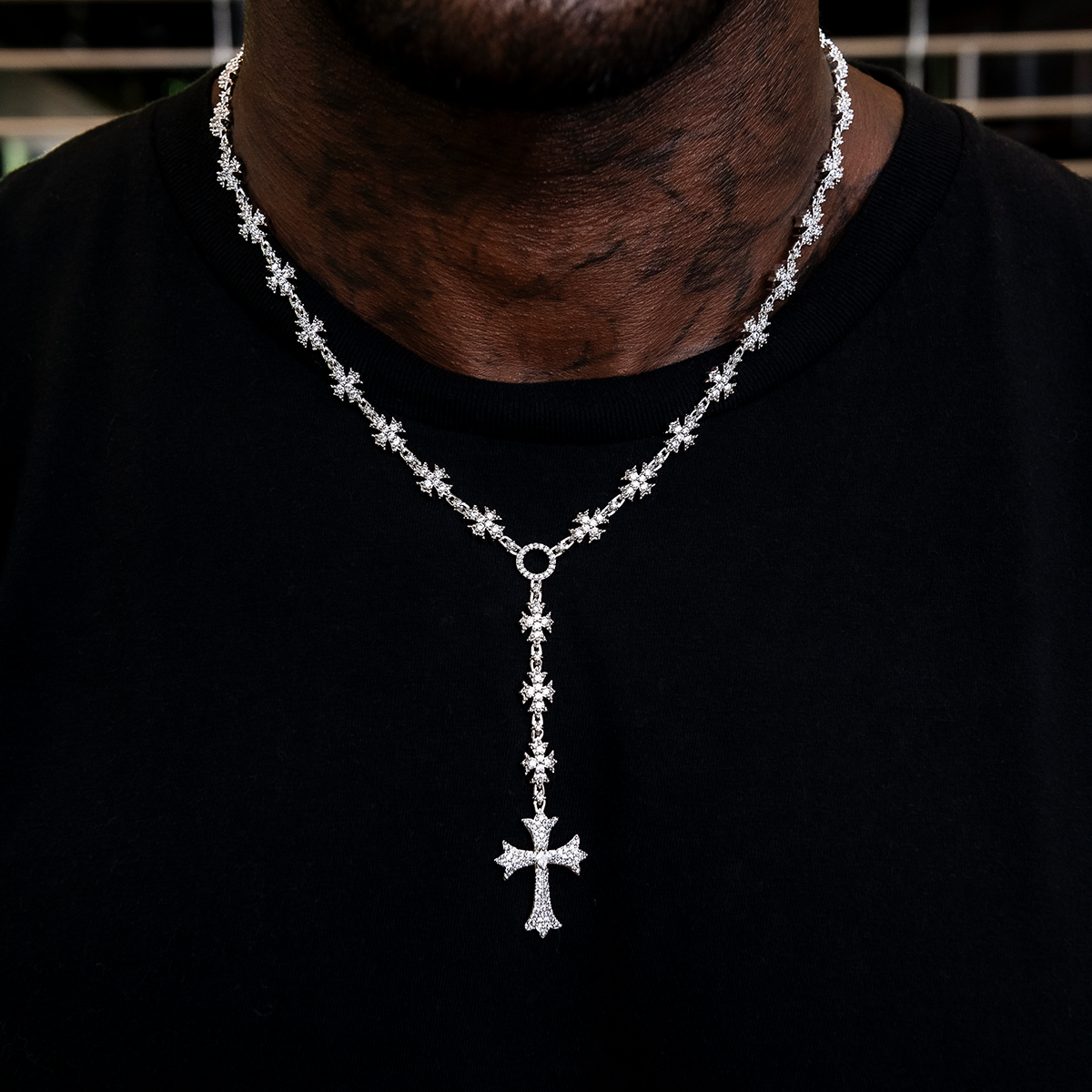 GLD Men Flared Cross Rosary Chain in White Gold - 8mm