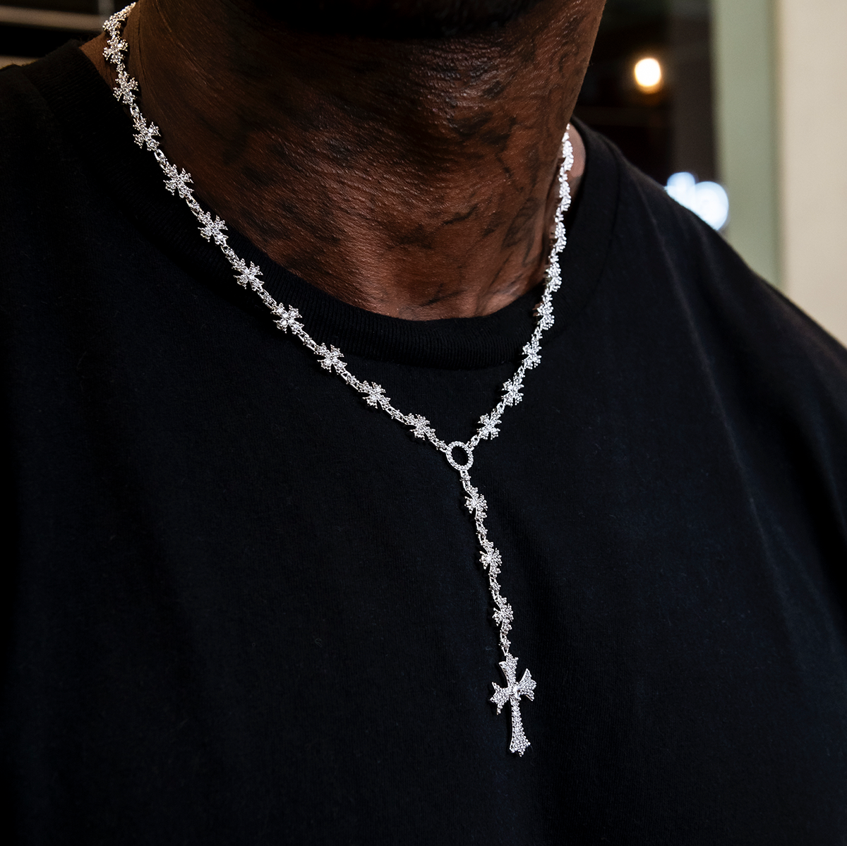 GLD Men Flared Cross Rosary Chain in White Gold - 8mm