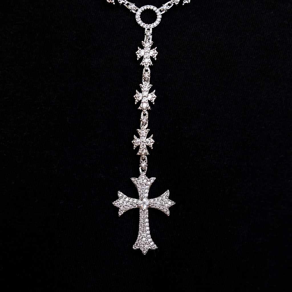 GLD Men Flared Cross Rosary Chain in White Gold - 8mm