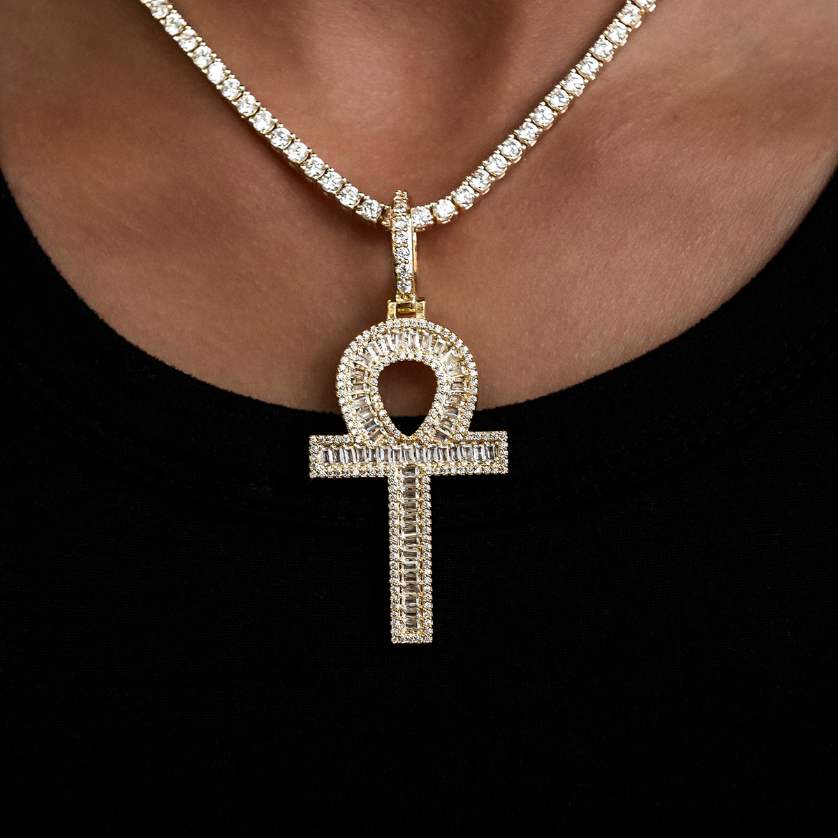 GLD PROMO - WOMEN Diamond Baguette Ankh Cross Pendant in Yellow Gold