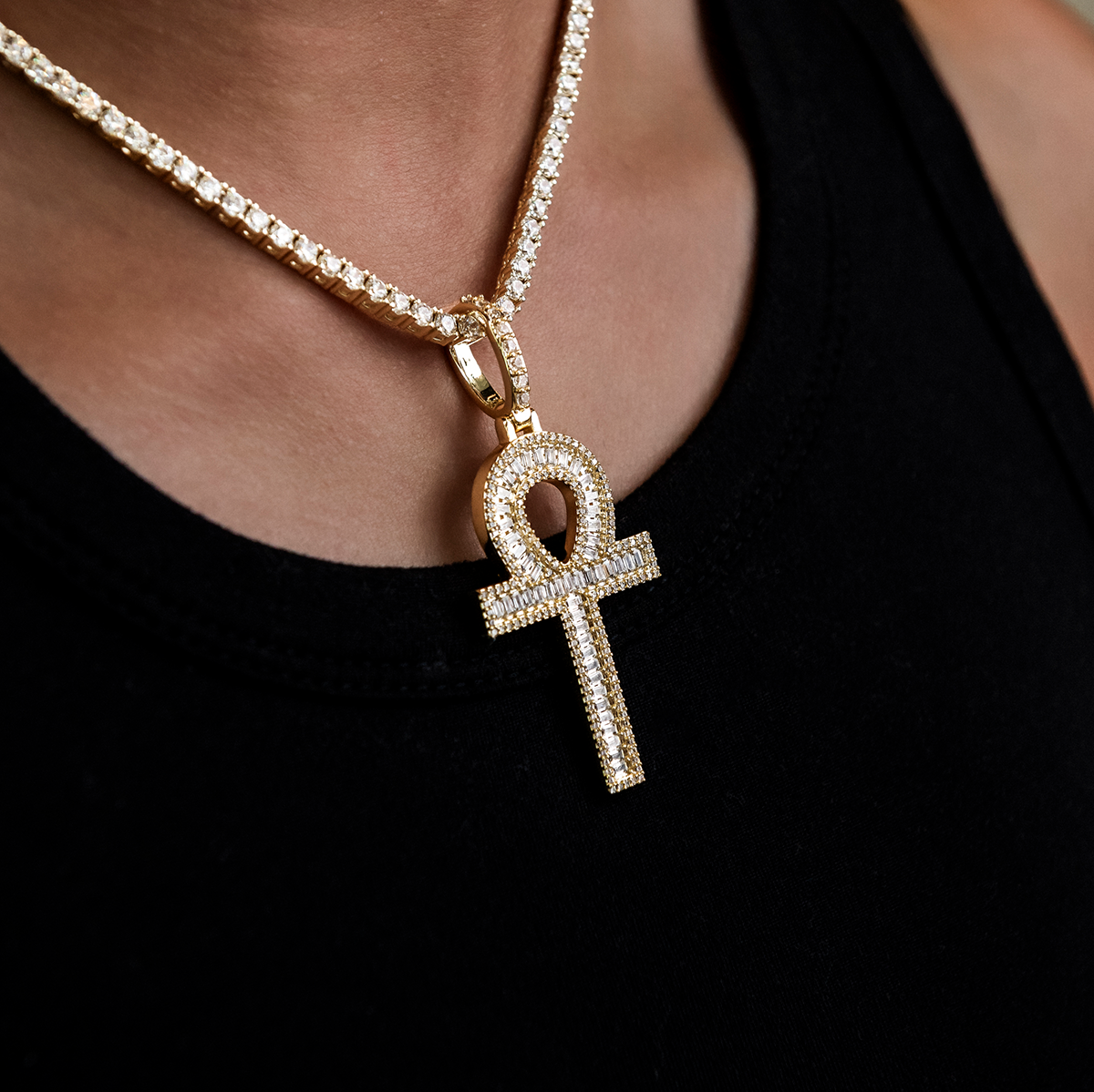GLD PROMO - WOMEN Diamond Baguette Ankh Cross Pendant in Yellow Gold