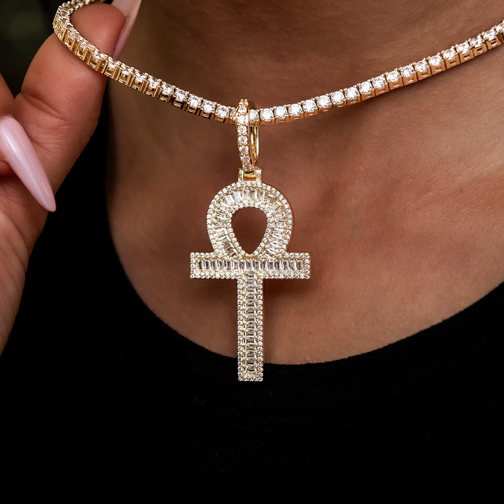 GLD PROMO - WOMEN Diamond Baguette Ankh Cross Pendant in Yellow Gold