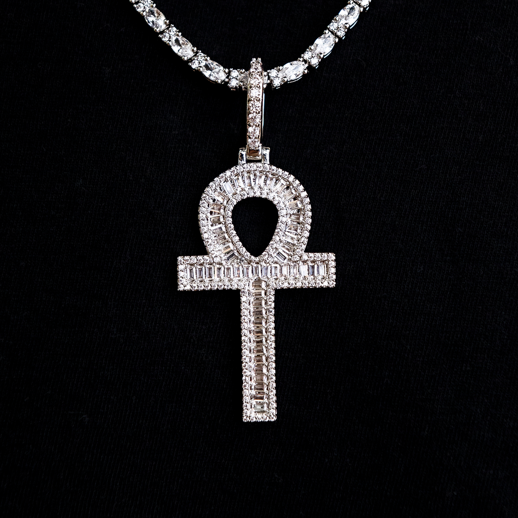 GLD Men Diamond Baguette Ankh Cross Pendant in White Gold