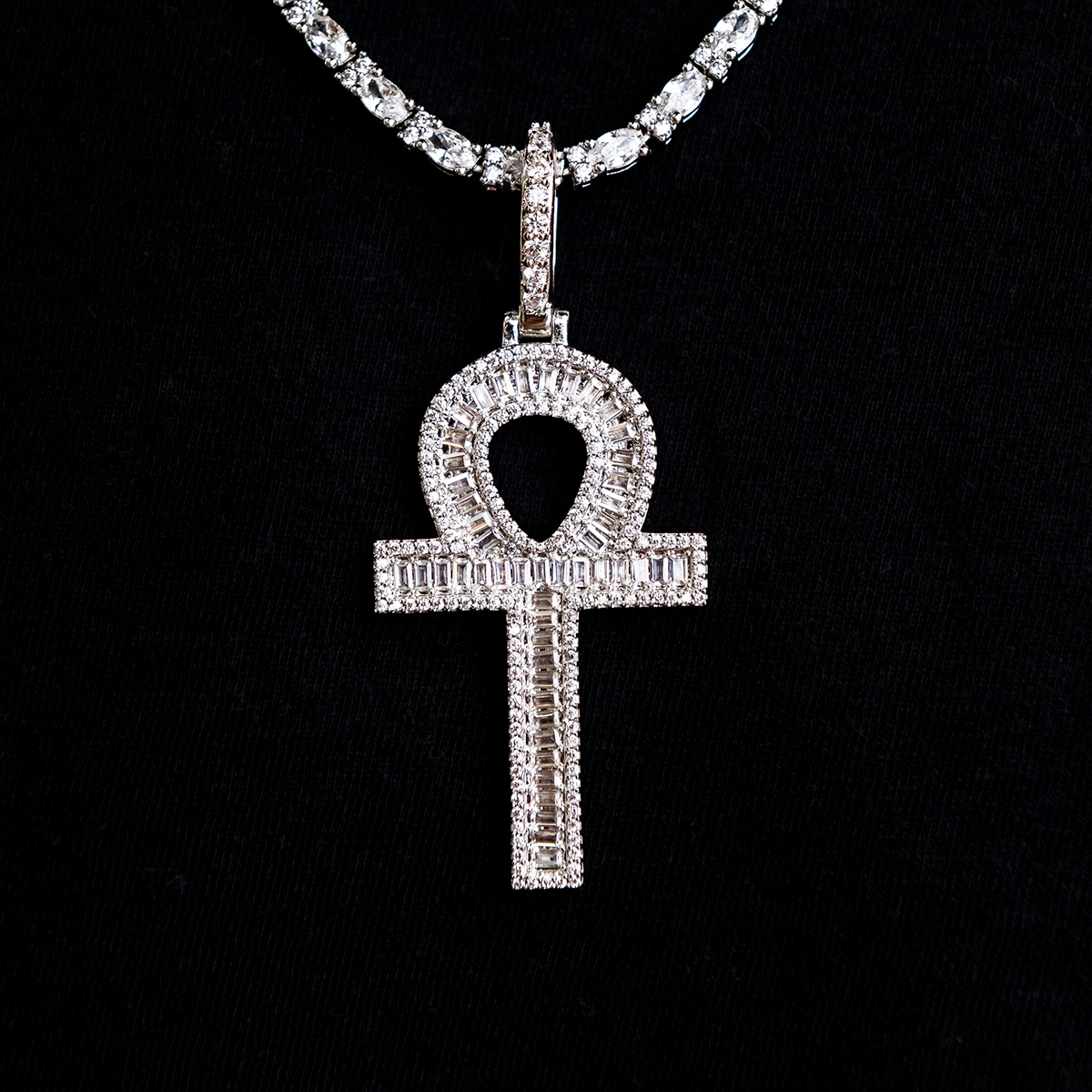 GLD Men Diamond Baguette Ankh Cross Pendant in White Gold