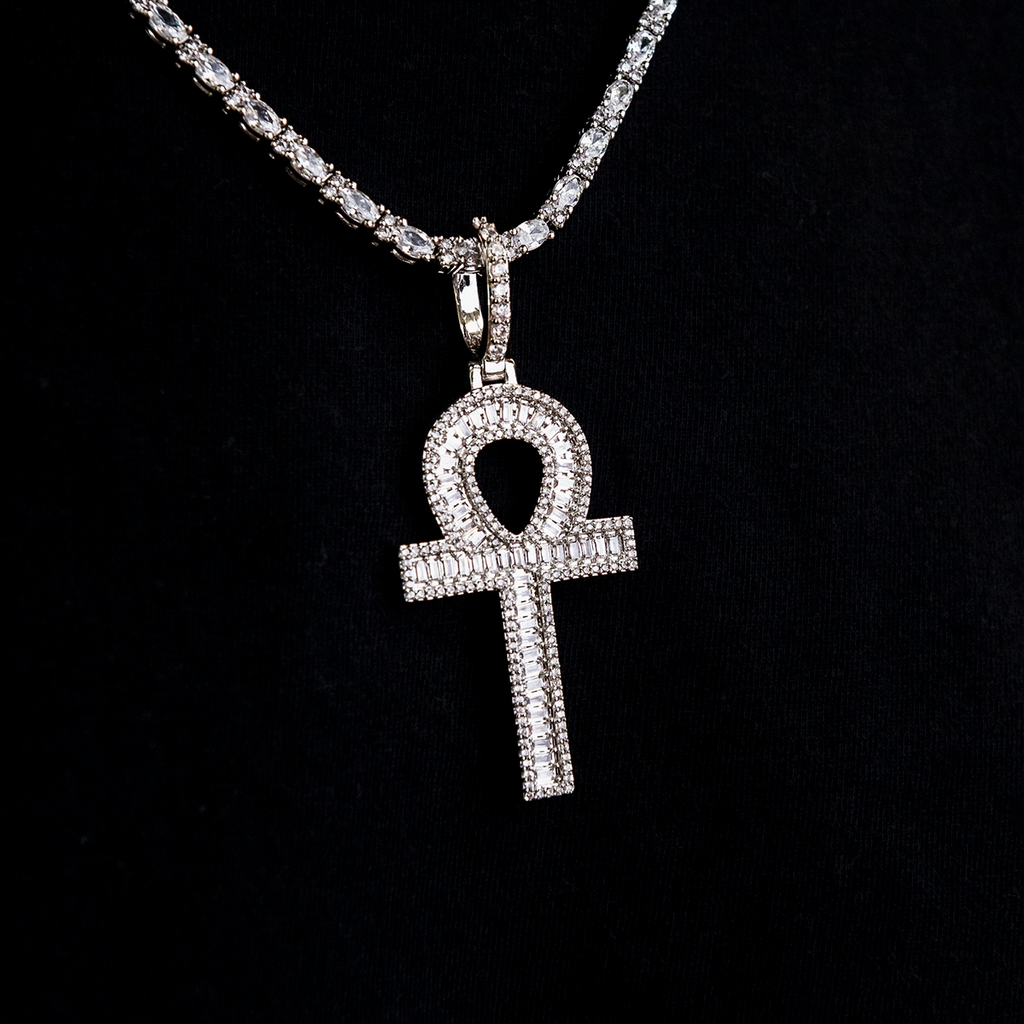 GLD Men Diamond Baguette Ankh Cross Pendant in White Gold