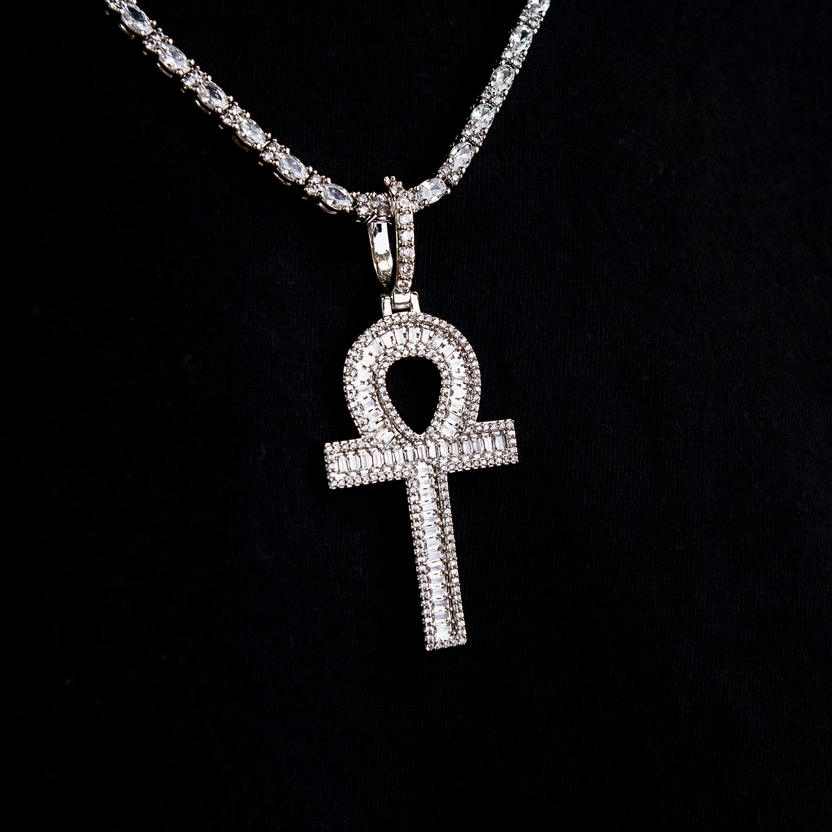 GLD Men Diamond Baguette Ankh Cross Pendant in White Gold