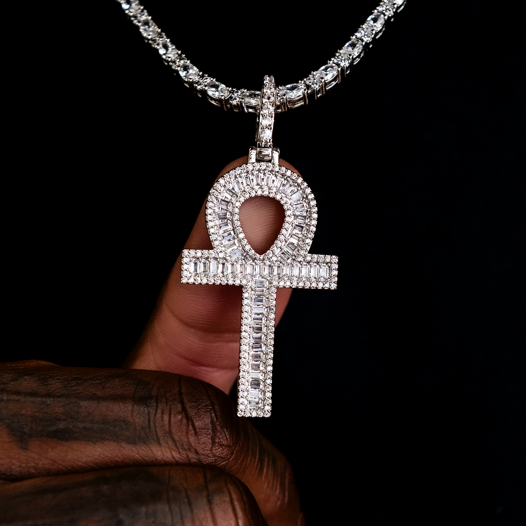 GLD Men Diamond Baguette Ankh Cross Pendant in White Gold