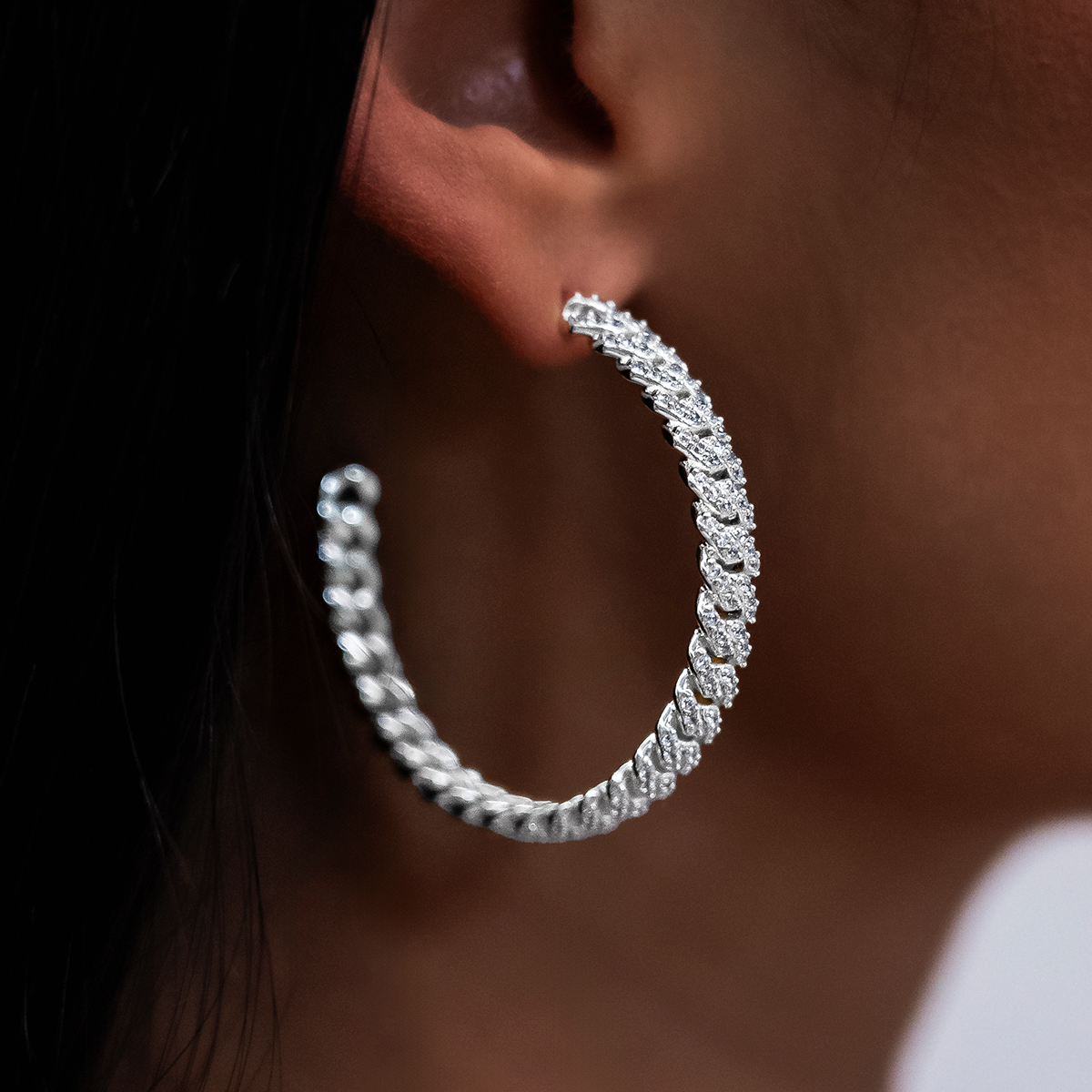 GLD Women Diamond Prong Hoop Earrings in White Gold