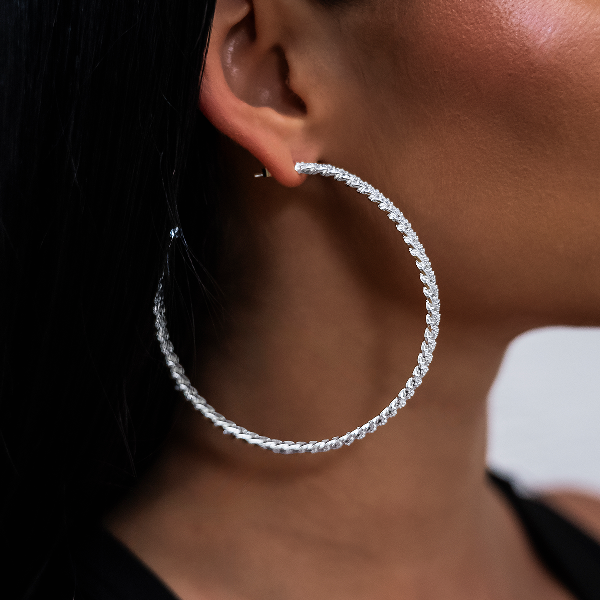 GLD Women Diamond Prong Hoop Earrings in White Gold