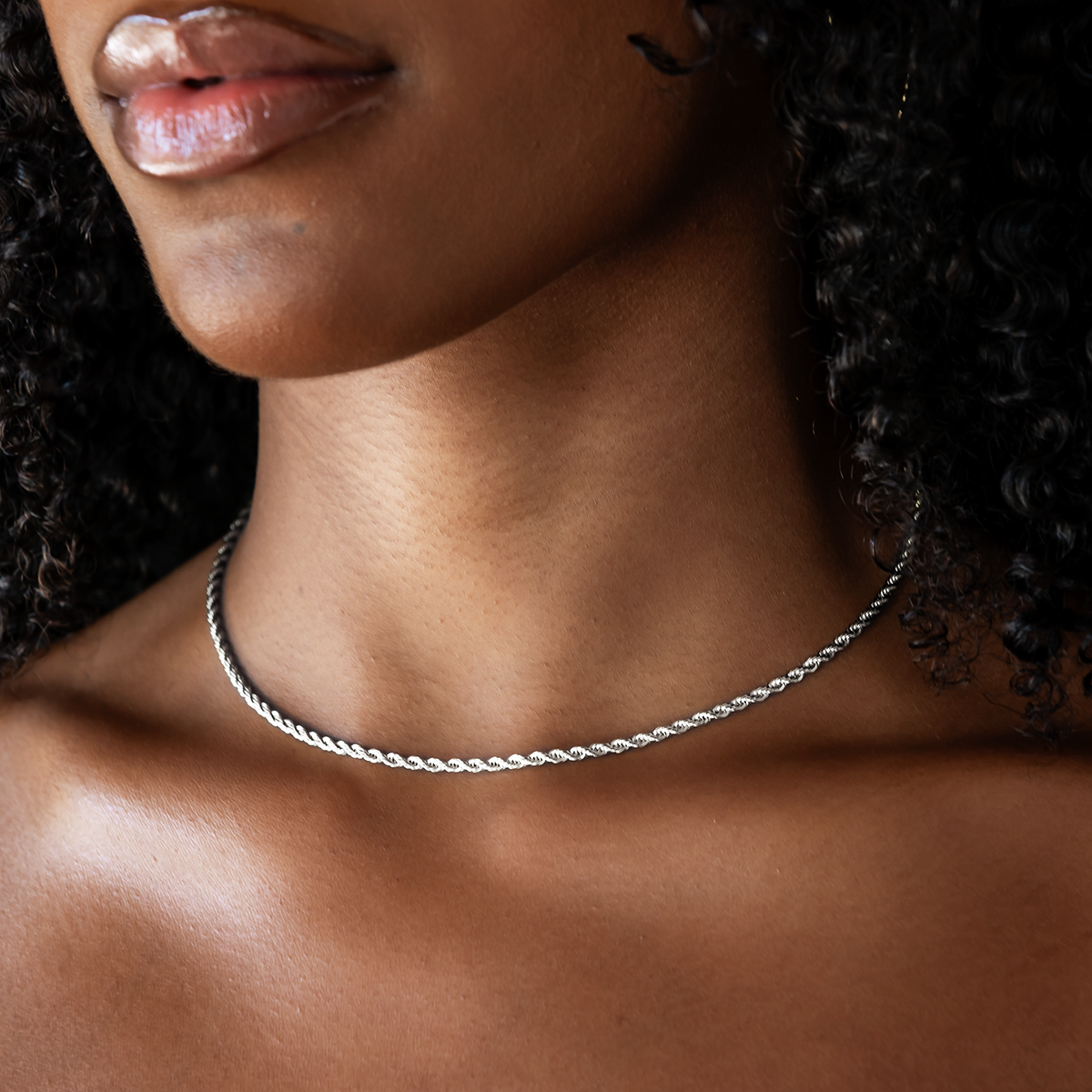 GLD Women Rope Chain Necklace + Bracelet Bundle in White or Yellow Gold - 2mm