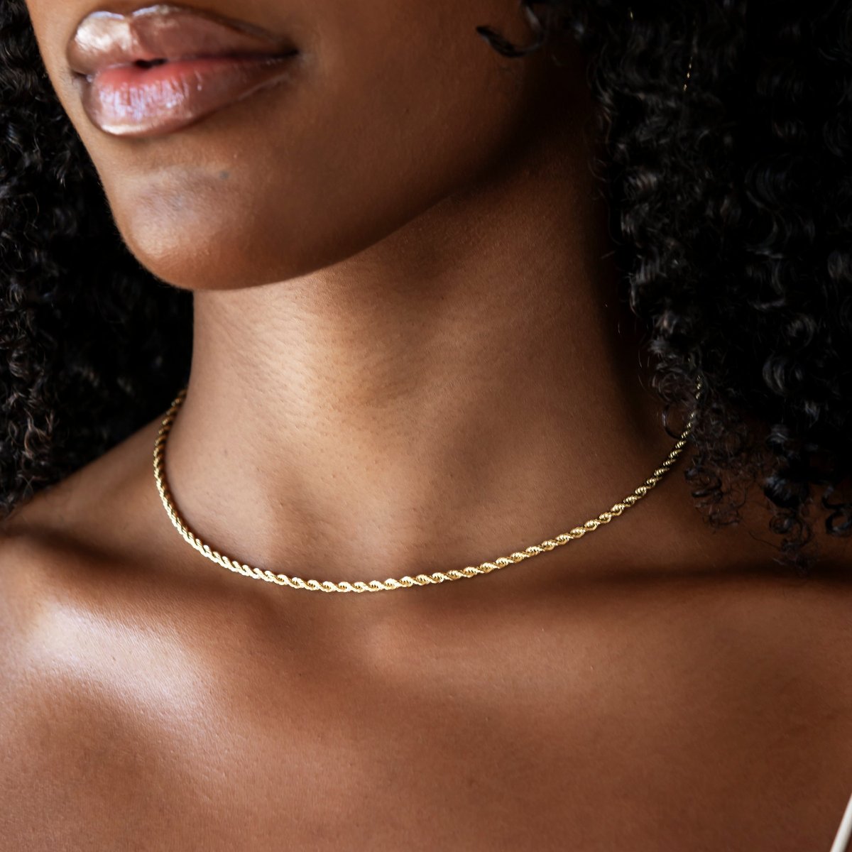 GLD Women Rope Chain Necklace + Bracelet Bundle in White or Yellow Gold - 2mm