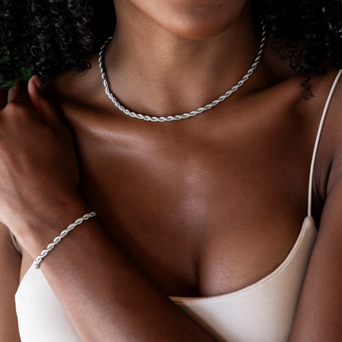GLD Women Adjustable Rope Chain + Bracelet Bundle in White Gold - 4mm