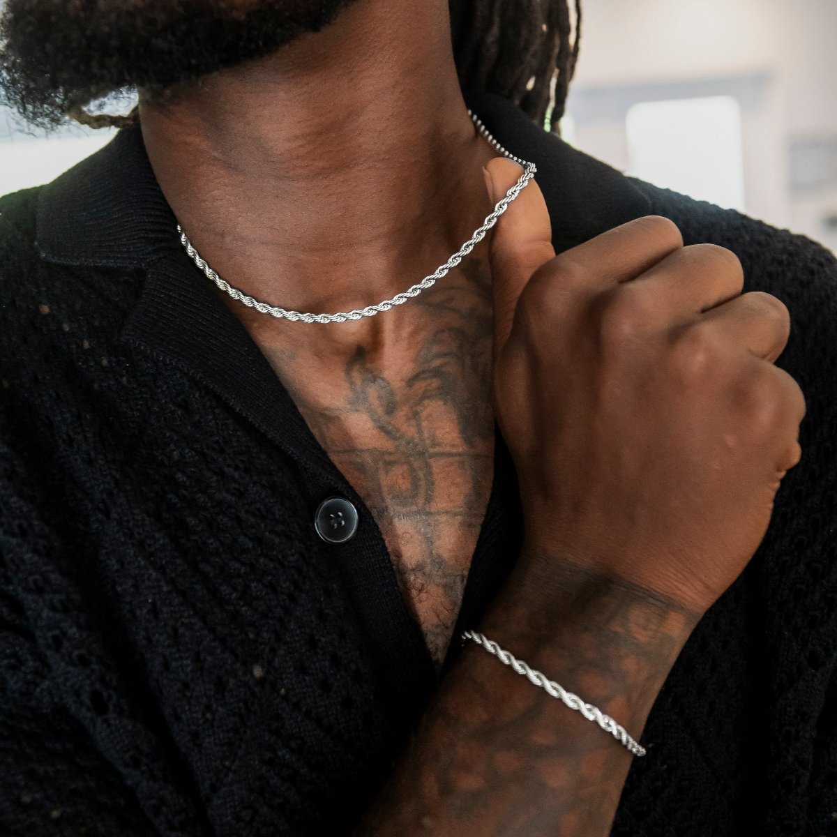 GLD Men Adjustable Rope Chain + Bracelet Bundle in White Gold - 4mm