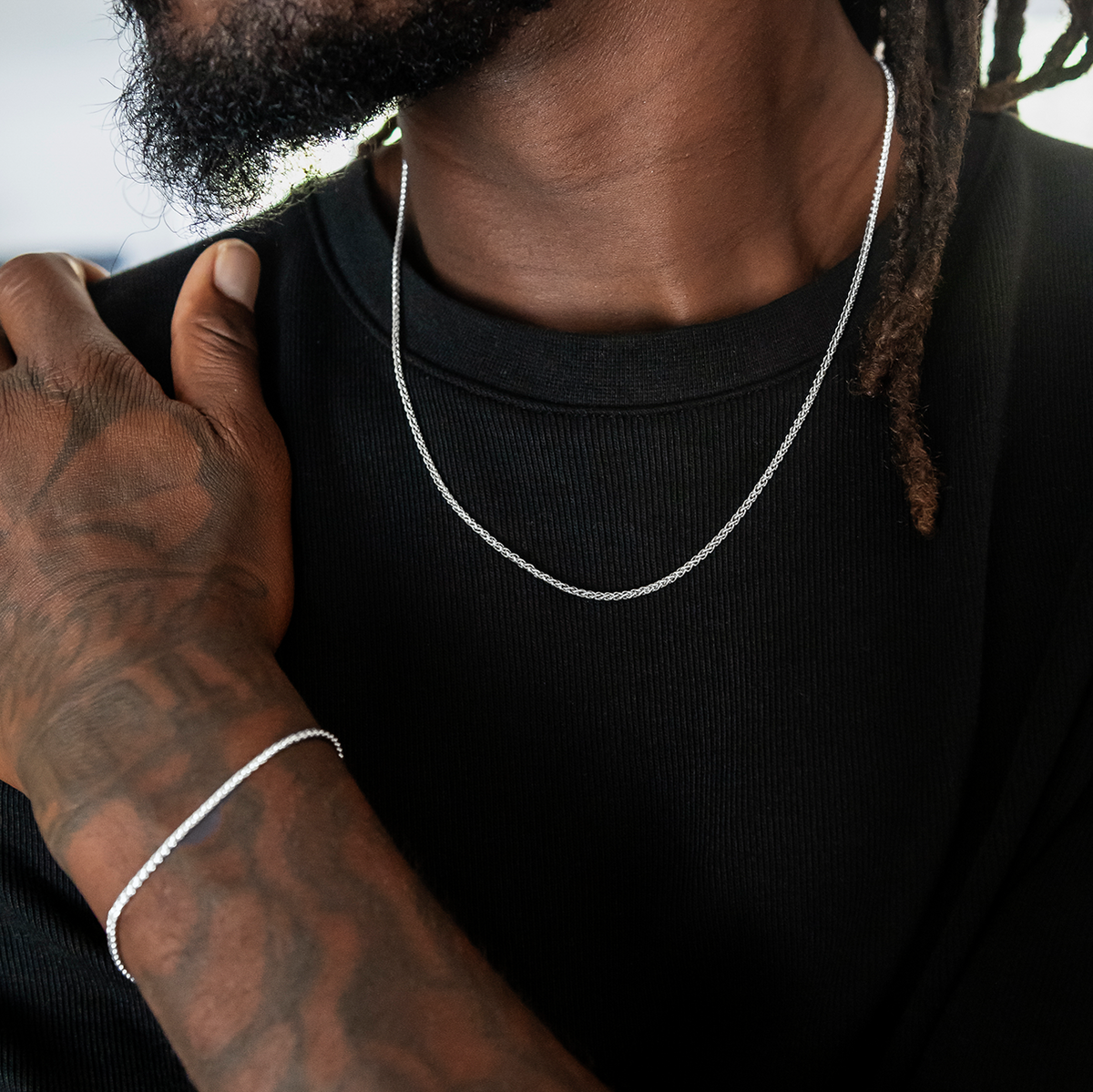 GLD Men Palm Chain + Bracelet Bundle in White Gold- 2mm