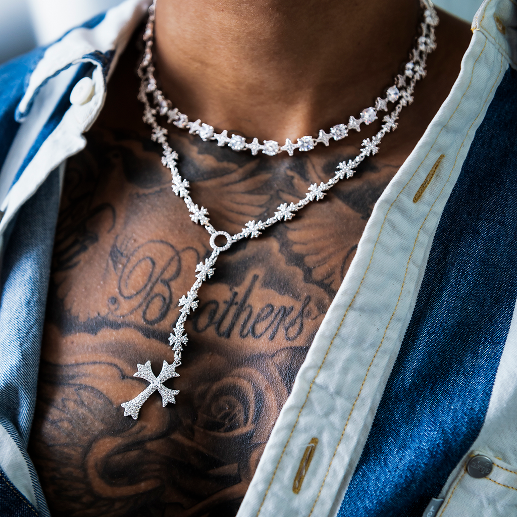 GLD Men Flared Cross Rosary Chain in White Gold - 8mm