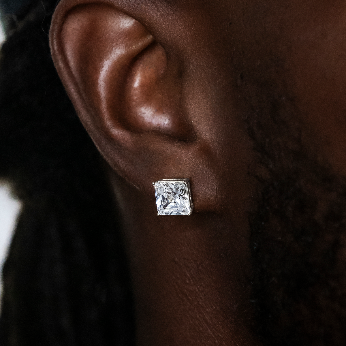 GLD Men 8mm Square Cut Diamond Stud Earrings in White Gold