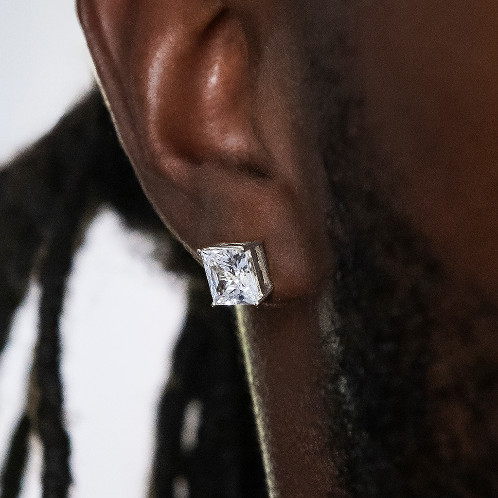 GLD Men 8mm Square Cut Diamond Stud Earrings in White Gold