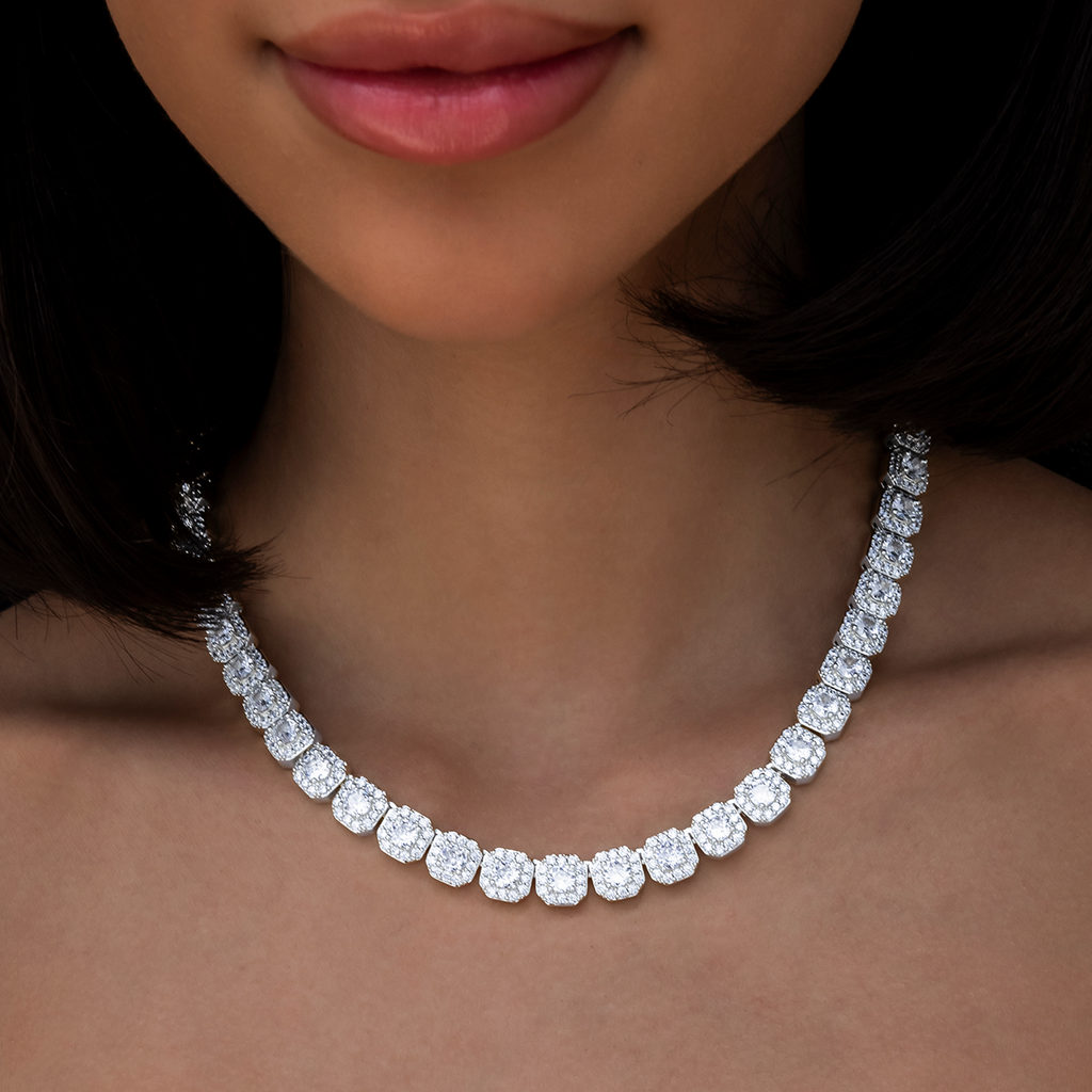 GLD Women Clustered Tennis Necklace in White Gold- 8.5mm
