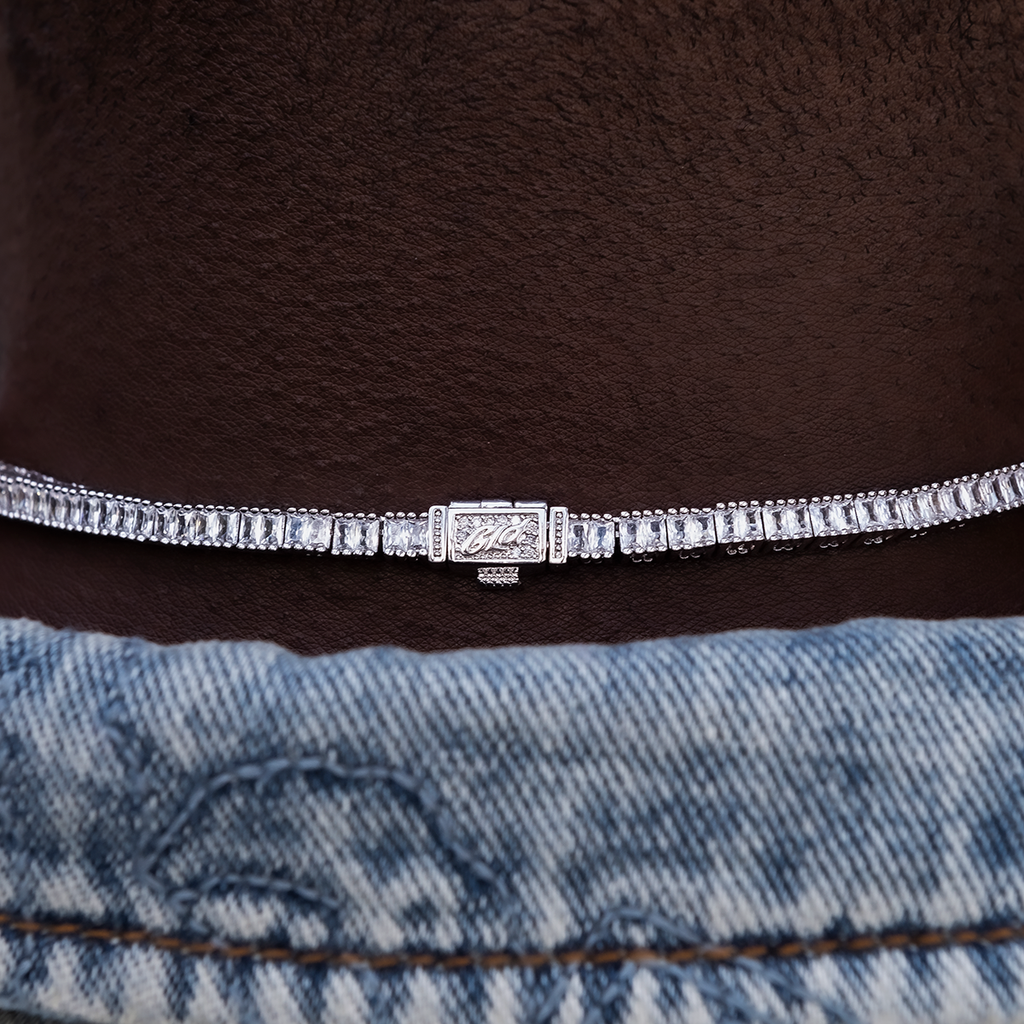 GLD Men Diamond Baguette Tennis Chain in White Gold- 3mm