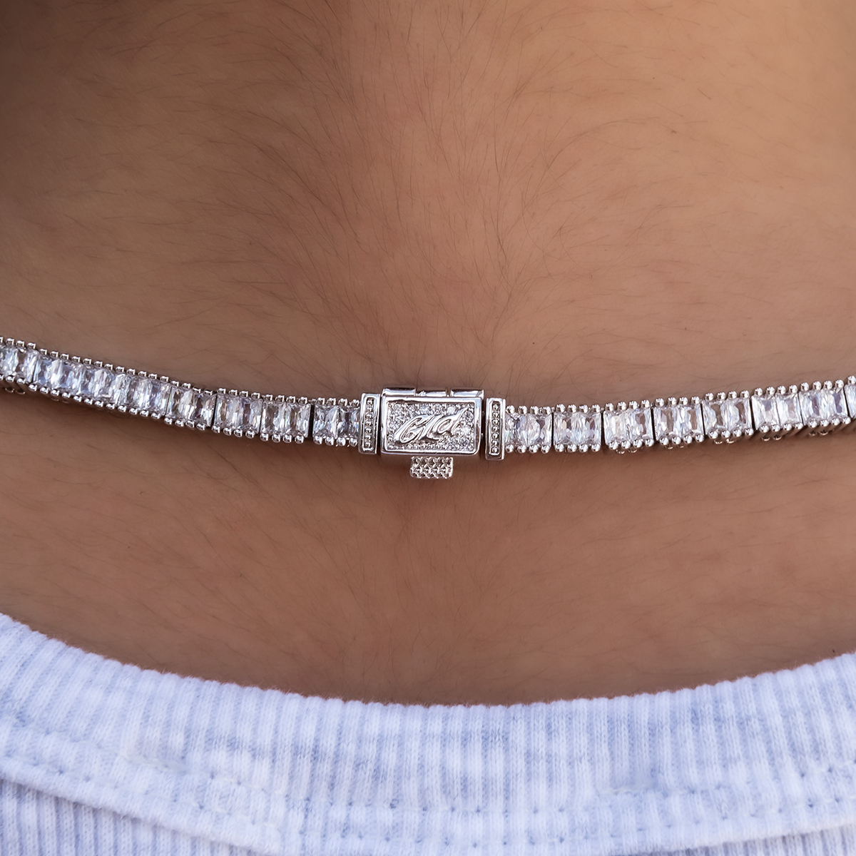 GLD Women Diamond Baguette Tennis Necklace in White Gold- 3mm